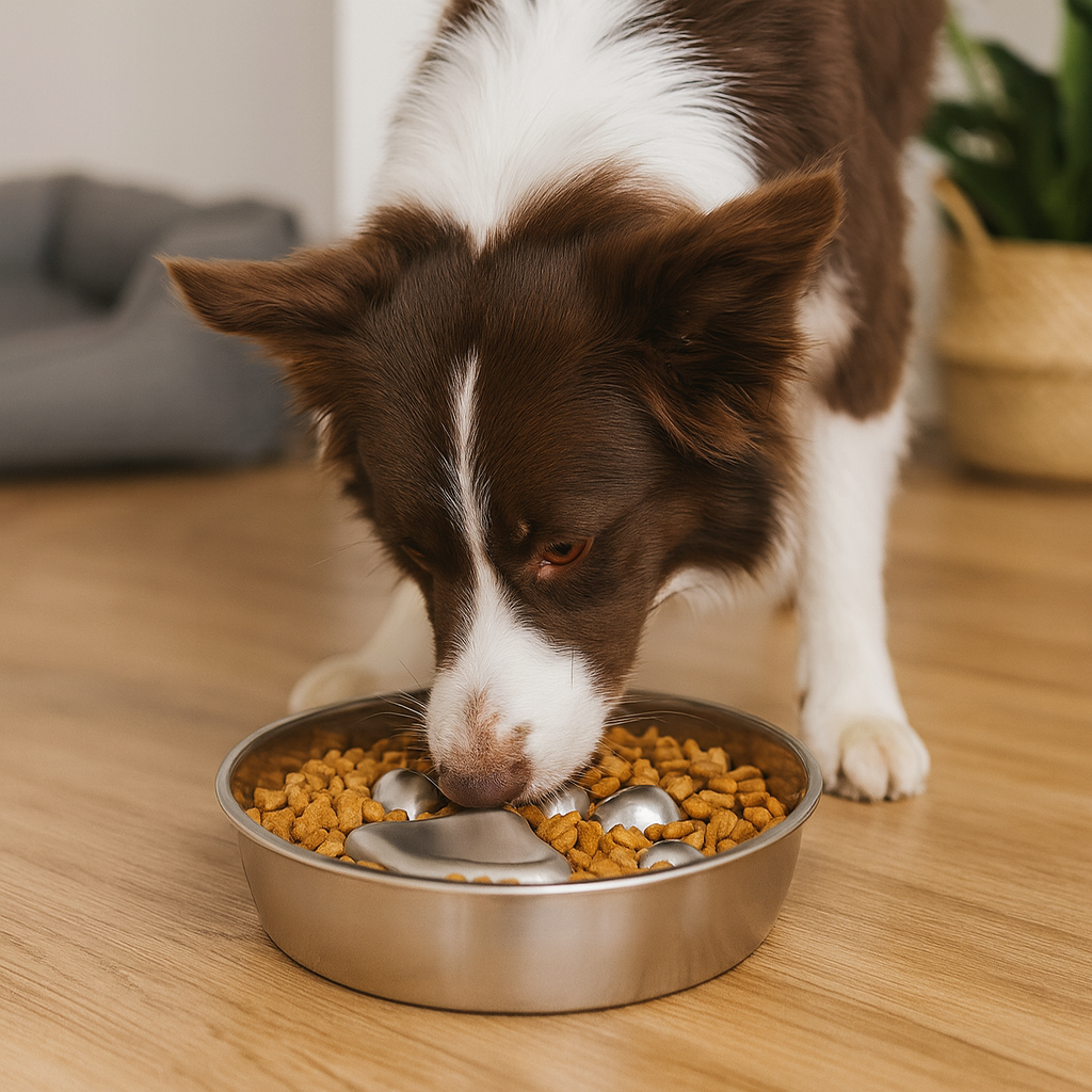 chien de taille moyenne de couleur brun et blanc mangeant dans une gamelle anti-glouton en inox avec des croquettes dedans. En fond il y a une plante verte et un panier pour chien gris. Image produit Boutiquechien