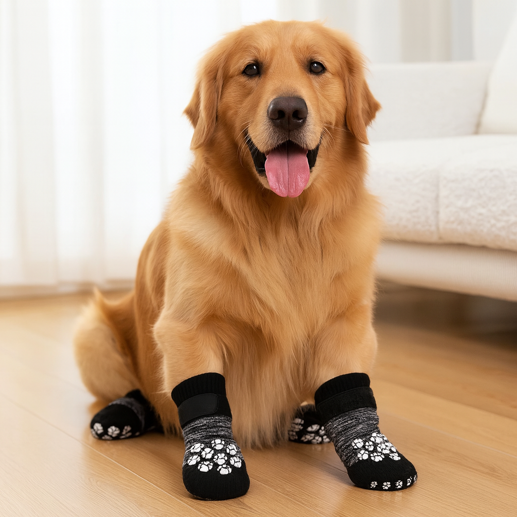 chien de tailles moyenne de couleur brun portant des chaussettes grise pour chien. Le chien est sur un parquet en bois avec en fond un canapé blanc. Image produit Boutiquechien