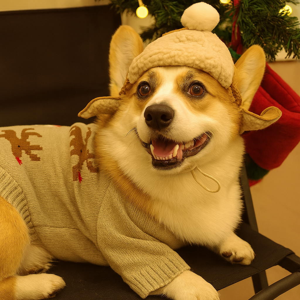 Chien de taille moyenne de couleur blanc et brun avec en fond un sapin de Noel. Image produit Boutiquechien