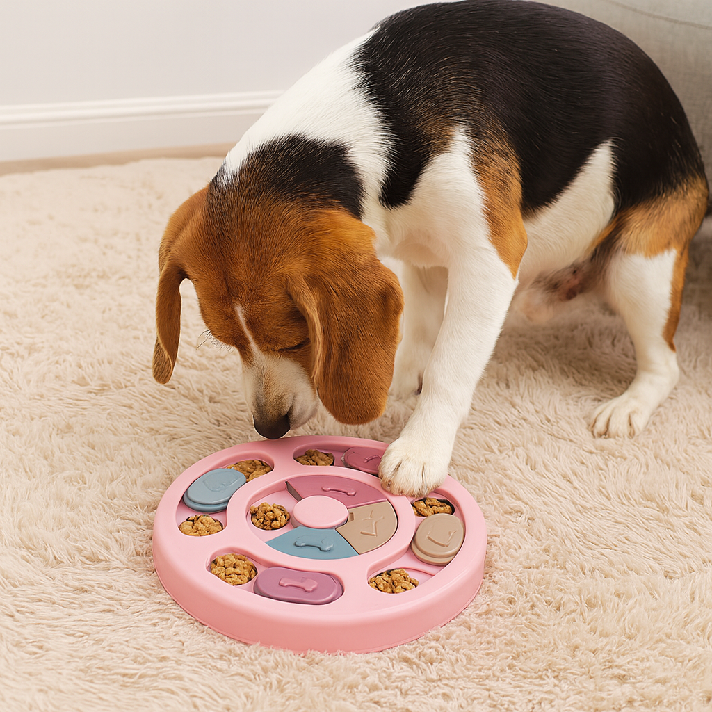 Chien de taille moyenne blanc et brun jouant avec son puzzle pour chien de couleur rose. Image produit Boutiquechien