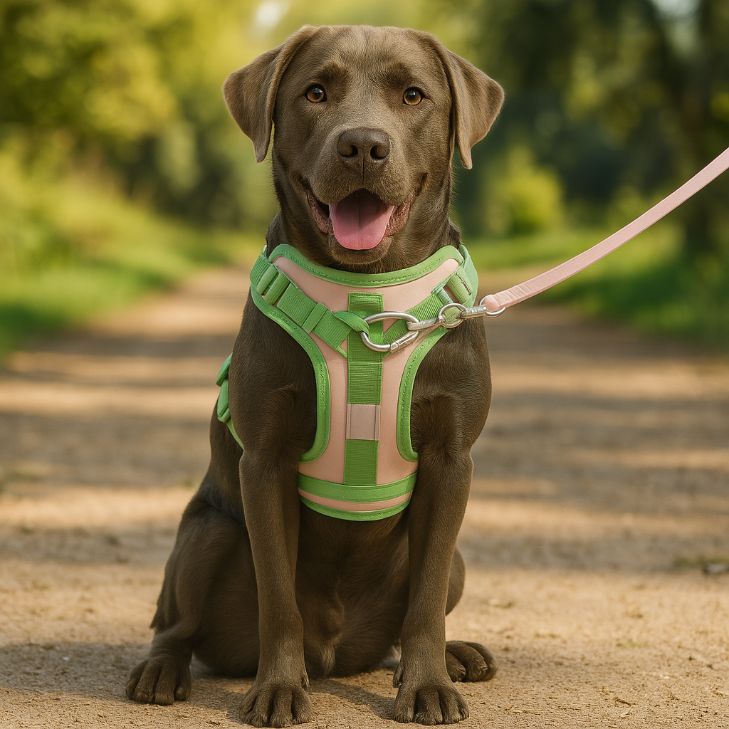 Chien gris assis sur un chemin en gravillon dans une forêt de couleur vert. Le chien porte un harnais de couleur rose et vert maintenu par une laisse rose. Image produit Boutiquechien