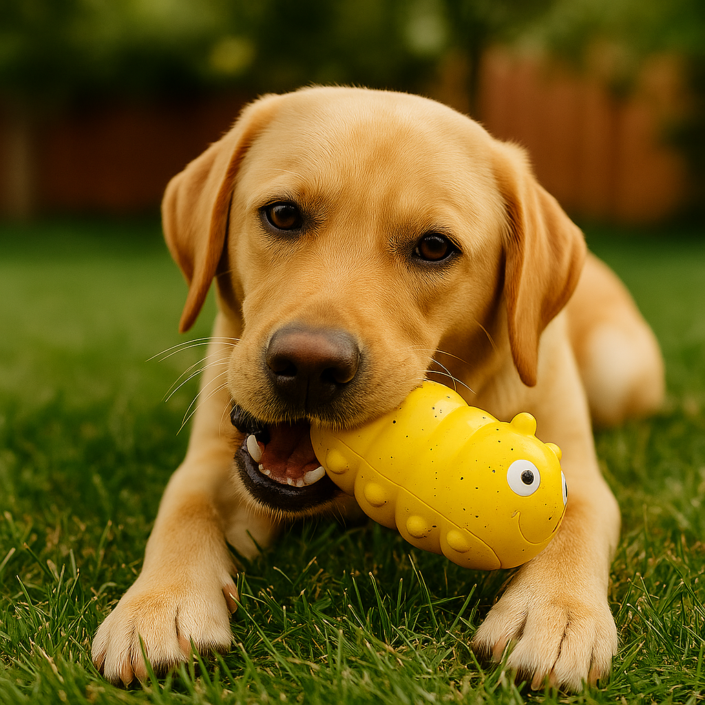 Petit golden retriever de couleur blanc jouant avec sa chenille jaune résistant. Le chien est couché dans son jardin dans l'herbe verte. Image produit Boutiquechien
