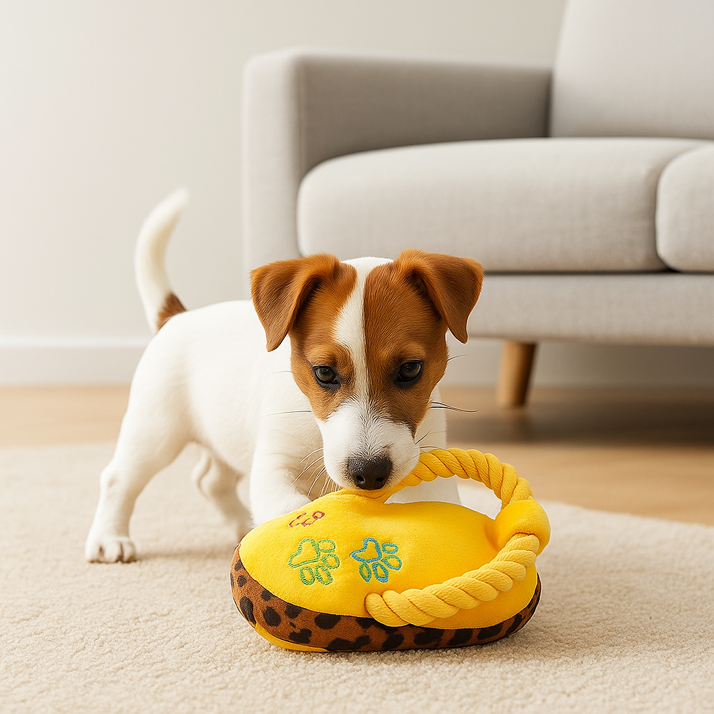 petit chien de couleur blanc et brun jouant avec sa peluche en forme de claquette jaune et léopard. Le chien est dans un salon de couleur claire avec en fond un canapé gris. image produit Boutiquechien