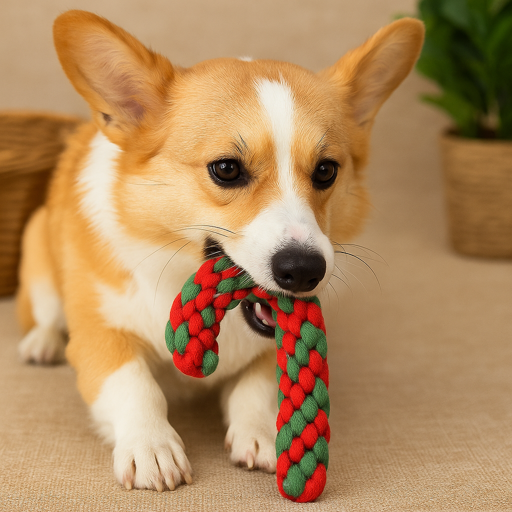 Corgi qui joue avec son jouet en forme de sucre d'orge couché par terre. Le chien est posé près d'un pot de fleur et d'un panier en osier. Image produit Boutiquechien
