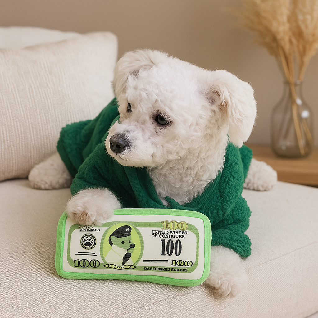 petit chien blanc avec un pull vert est couché avec un billet peluche sur un canapé de couleur blanc. Image produit Boutiquechien