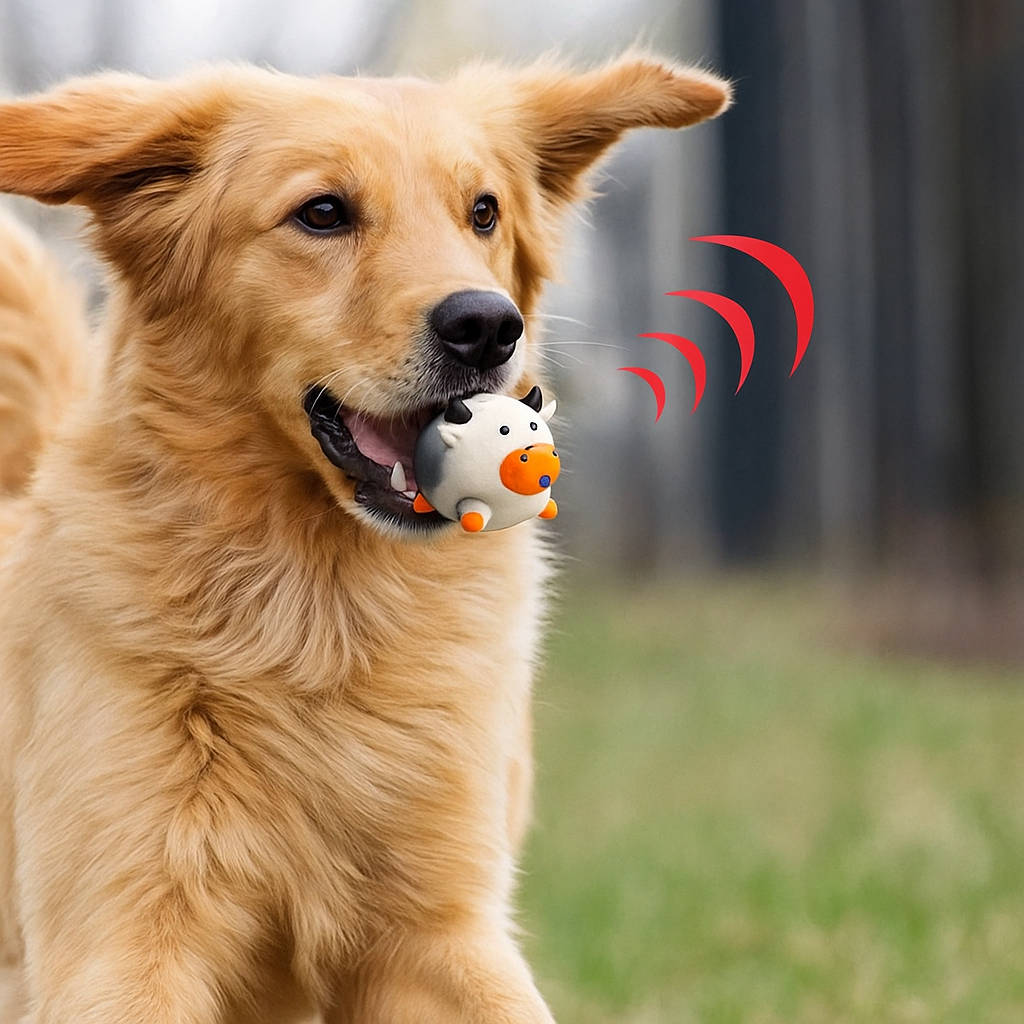 Chien brun jouant avec sa balle en forme de vache pouet pouet. le chien joue dans son jardin. Image produit Boutiquechien