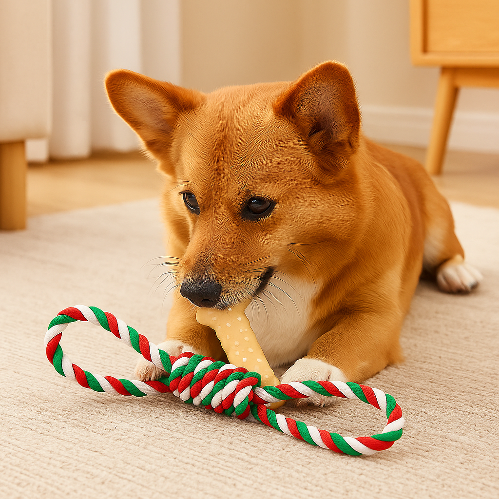 Chien de couleur roux jouant avec son jouet en corde de style Noel. Le chien est couché sur un tapis avec en fond un meuble en bois. Image produit Boutiquechien