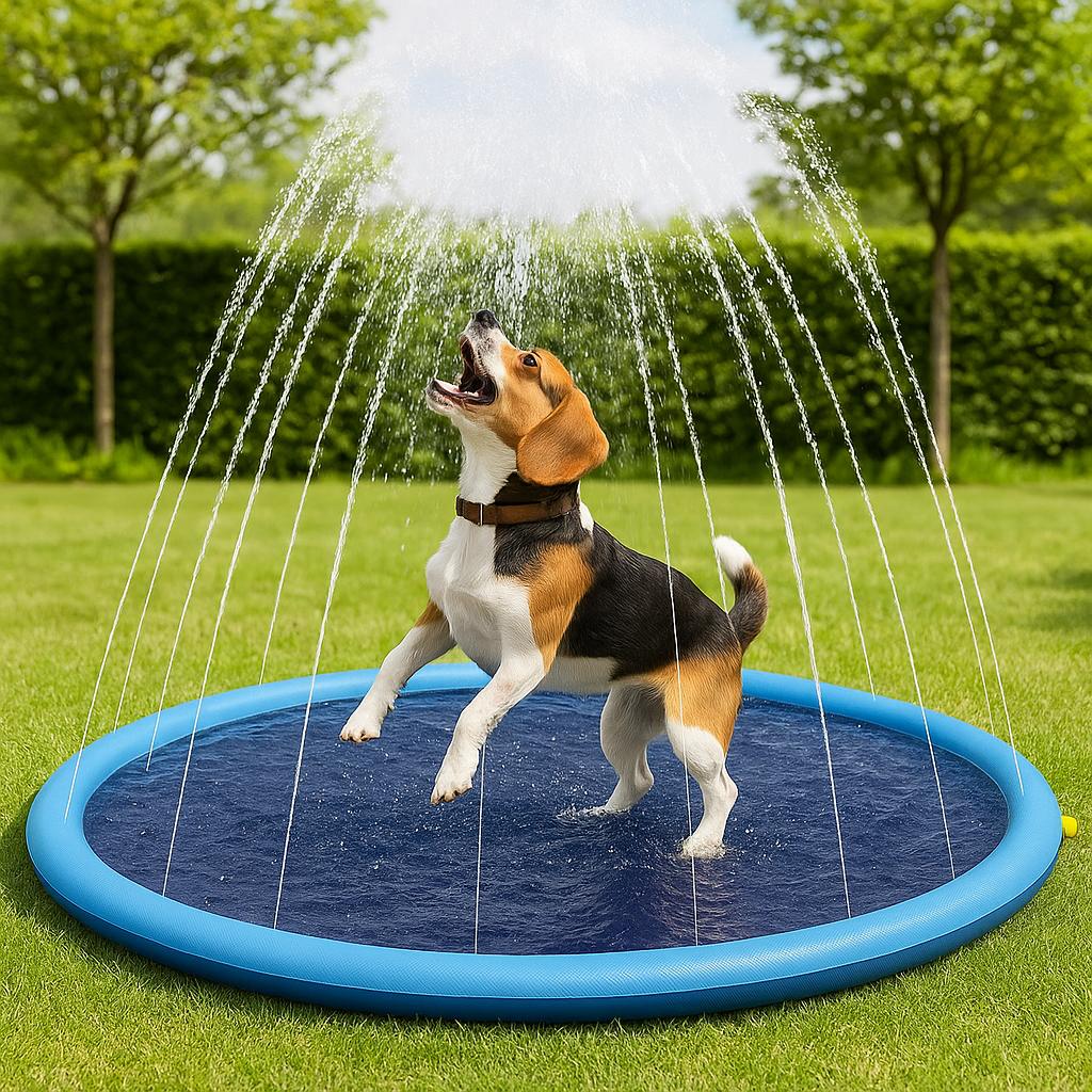 Chien de tailles moyenne de couleur brun, blanc et noir jouant sur son tapis à jet d'eau pour chien. Le chien joue dans son jardin vert. Image produit Boutiquechien