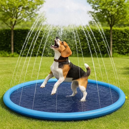 Chien de tailles moyenne de couleur brun, blanc et noir jouant sur son tapis à jet d'eau pour chien. Le chien joue dans son jardin vert. Image produit Boutiquechien