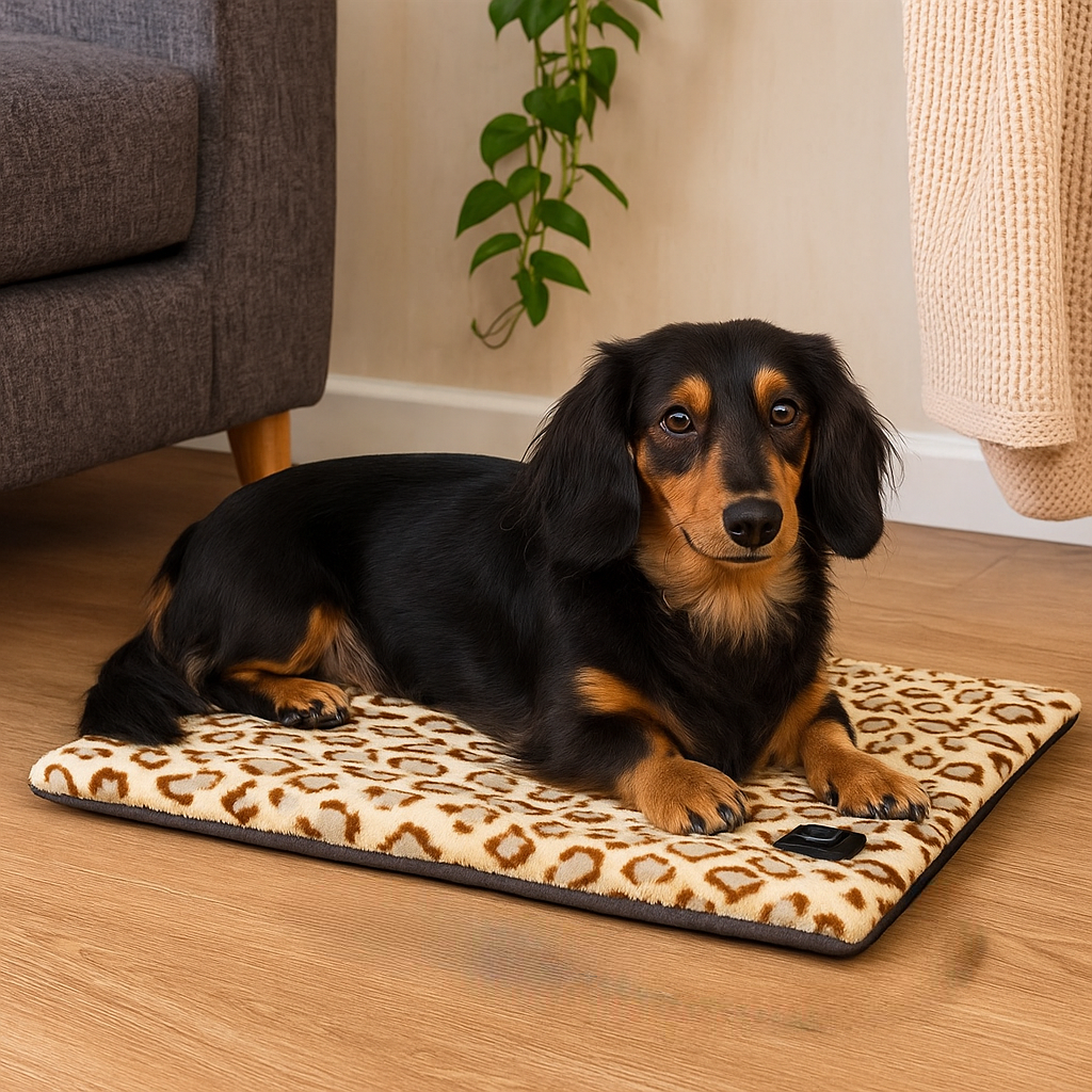 Chien à poil long de couleur noir et brun couché sur le tapis chien chauffant à motif léopard dans un salon de couleur claire avec en fond un canapé gris. Image produit Boutiquechien