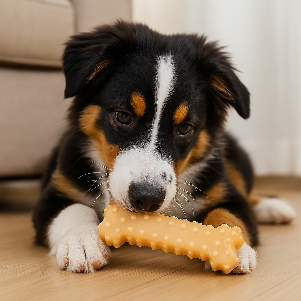 Petit bouvier bernois de couleurs noir, blanc et brun. Le chien est couché par terre près d'un canapé gris. Image produit Boutiquechien