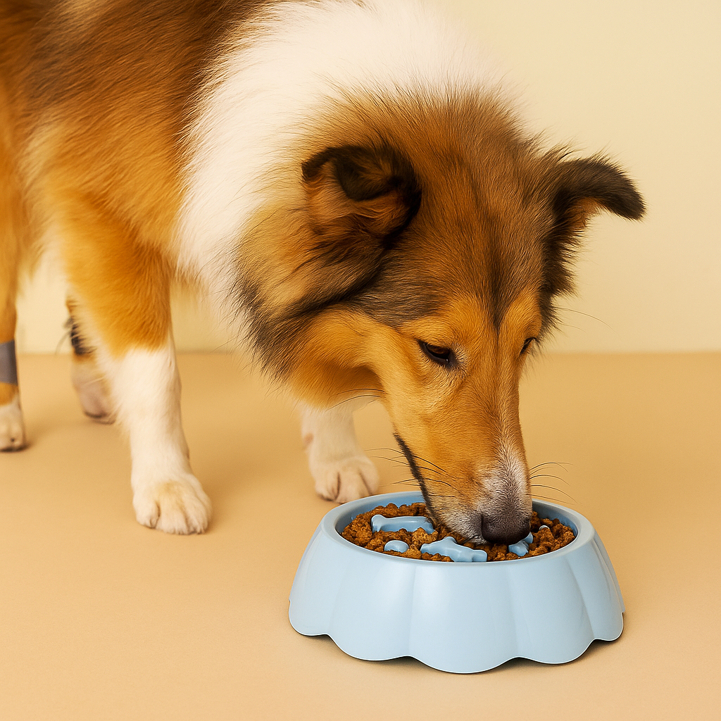 chien brun et blanc mangeant dans une gamelle pour chien anti-glouton de couleur bleu. Image produit Boutiquechien