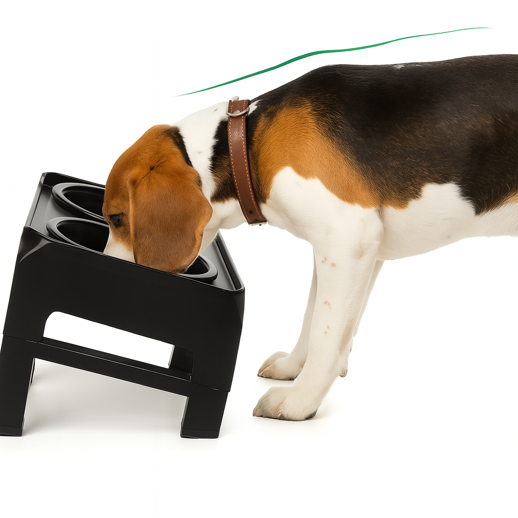 Chien mangeant dans une gamelle surélevé de couleur noir double. Image produit Boutiquechien
