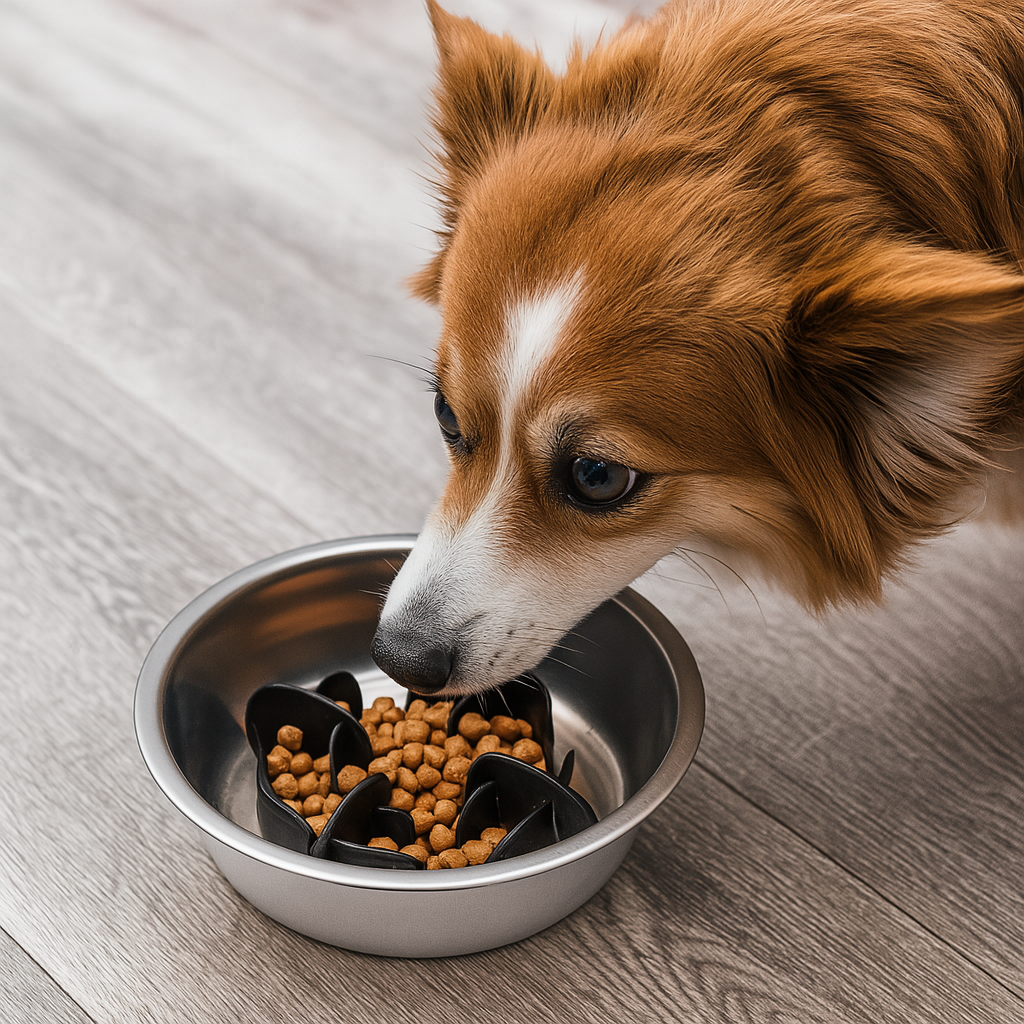 support de gamelle anti glouton de couleur noir dans une gamelle inox. Un moyen chien roux et bleu est sur parquet gris. Image produit Boutiquechien