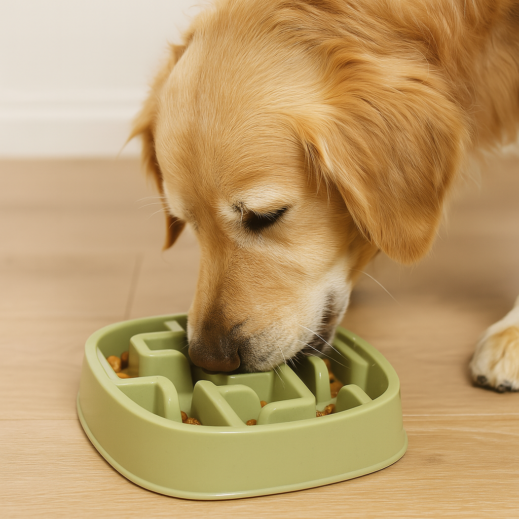 gros chien mangeant dans une gamelle anti glouton de couleur verte de forme carré. Image produit Boutiquechien