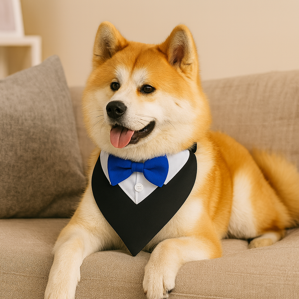 Chien de taille moyenne de couleur blanc et roux portant un bandana pour chien de couleur noir et blanc. Le chien est couché sur un canapé de couleur gris. Image produit Boutiquechien