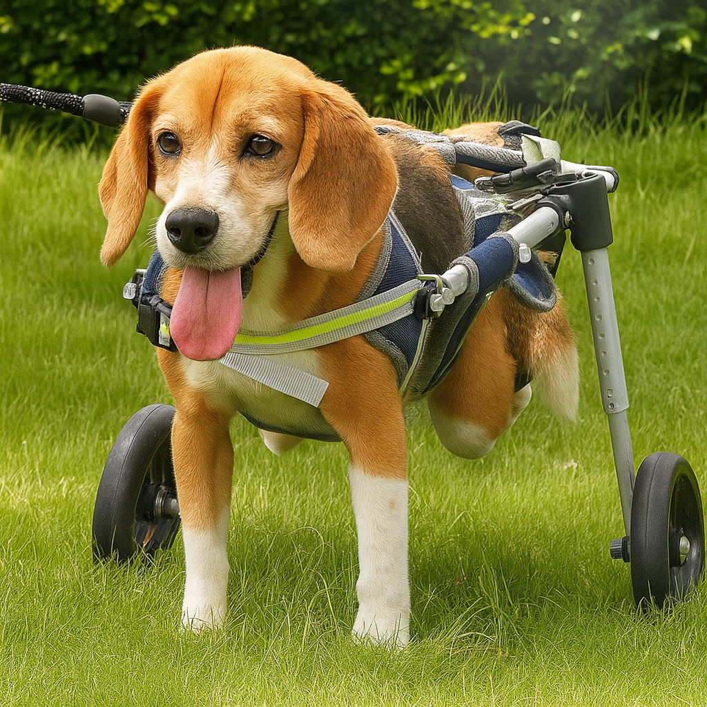 chien de taille moyenne avec un chariot pour chien bleu et gris dans l'herbe verte. Image produit Boutiquechien
