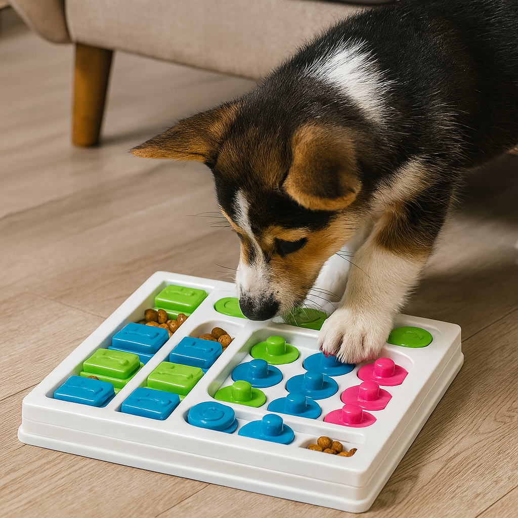Chien noir et brun jouant avec un puzzle blanc et colorer avec des friandises dans les cachettes. Image produit Boutiquechien