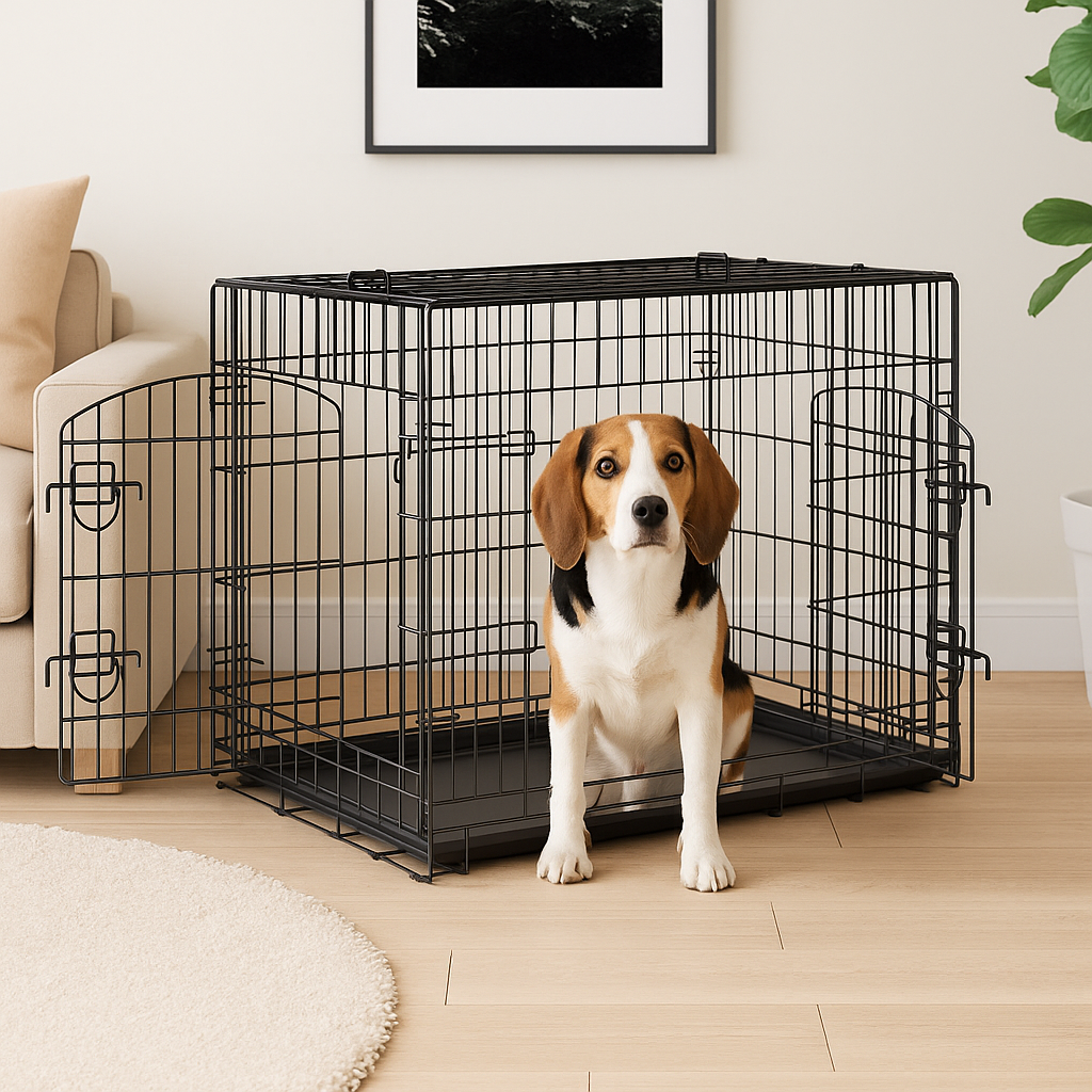 chien blanc dans une cage pur chien noir posé dans un salon de couleur claire avec sur le côté une plante verte et un canapé gris. Image produit Boutiquechien