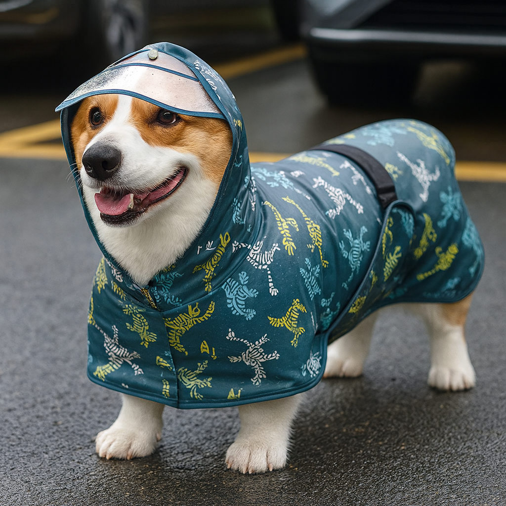 Long chien de couleur blanc et brun portant un imperméable de couleur bleu foncé en forme de dinosaure. Le chien est sur un goudron noir. Image produit Boutiquechien