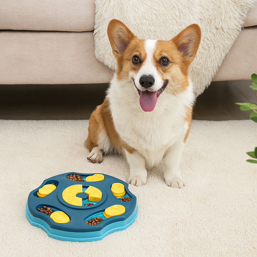 chien de taille moyenne près de son puzzle pour chien bleu claire et foncé. Le chien est de couleur blanc et brun avec derrière lui un canapé gris. Image produit Boutiquechien