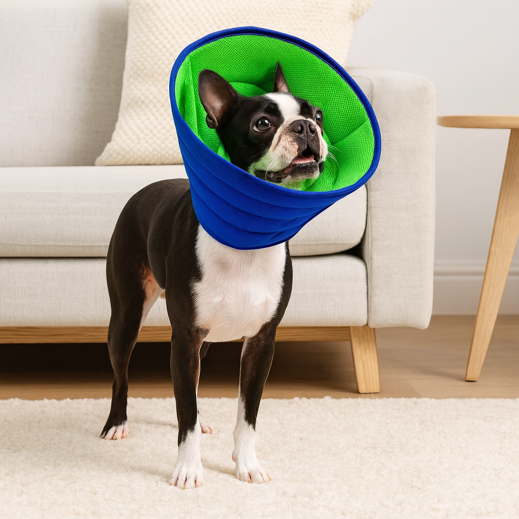 Chien de couleur noir et blanc portant une collerette pour chien de couleur bleu et verte. Le chien est debout dans un salon claire avec n fond un canapé gris. Image produit Boutiquechien