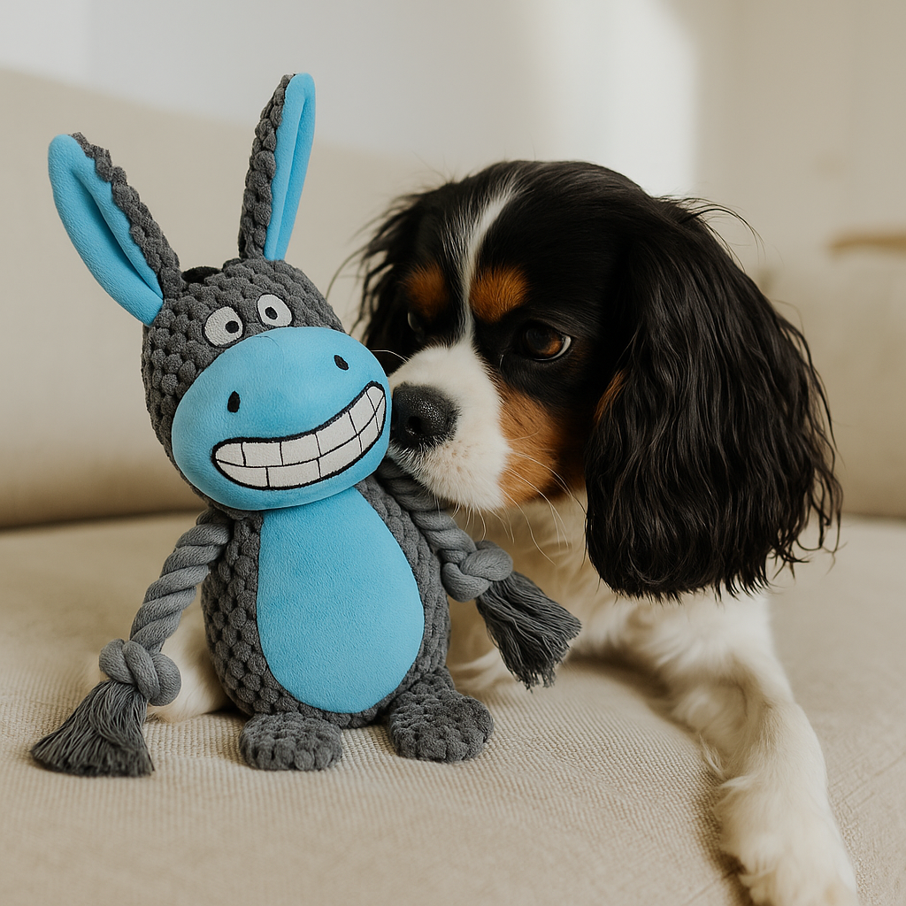 Chien noir et blanc couché sur un canapé blanc qui joue avec un âne gris et bleu style corde. Image produit Boutiquechien