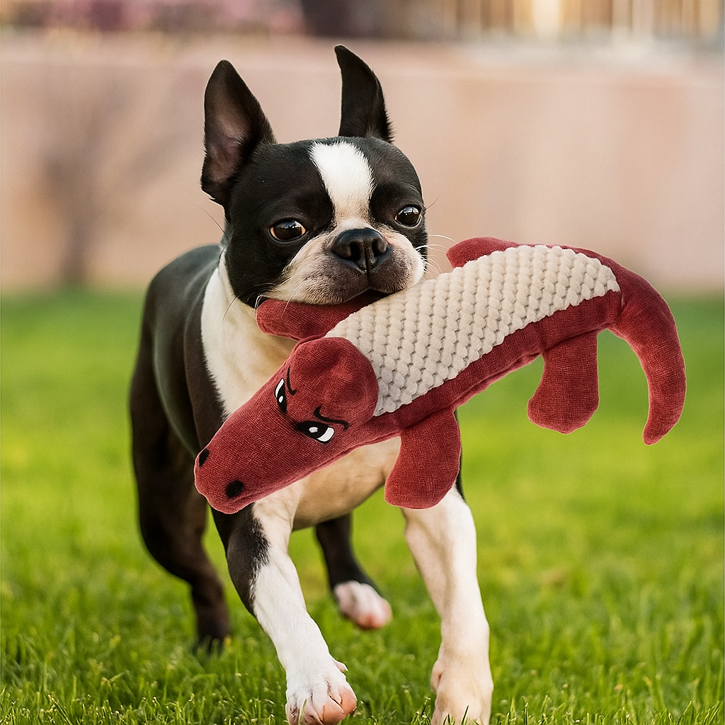 buldog noir et blanc jouant avec sa peluche crocodile résistante de couleur rouge dans son jardin vert. Image produit boutiquechien