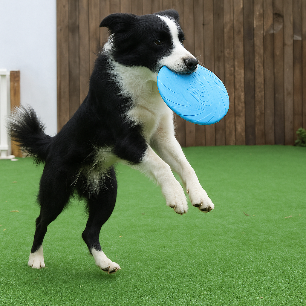 chien de couleur noir et blanc jouant au Frisbee pour chien durable de couleur bleu. Le chien joue dans un jardin vert avec en fond une palissade en bois. Image produit boutiquechien