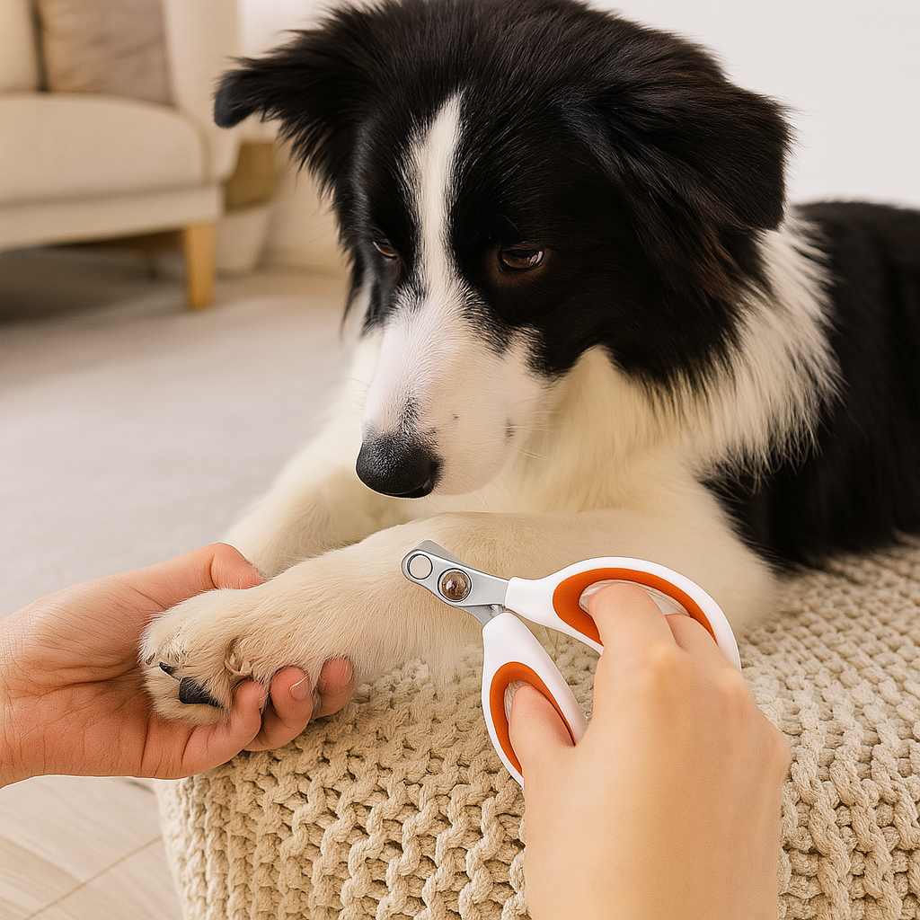 chien noir et blanc se faisant couper les ongles avec le coupe ongle pour petit chien de couleur orange et blanc. Image produit Boutiquechien