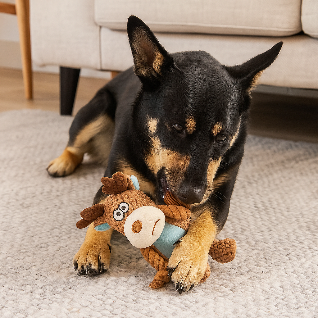 chien noir et brun jouant Nacer le cerf Chien en corde. Le chien est couché sur un tapis de couleur gris et un canapé gris en fond. Image produit Boutiquechien