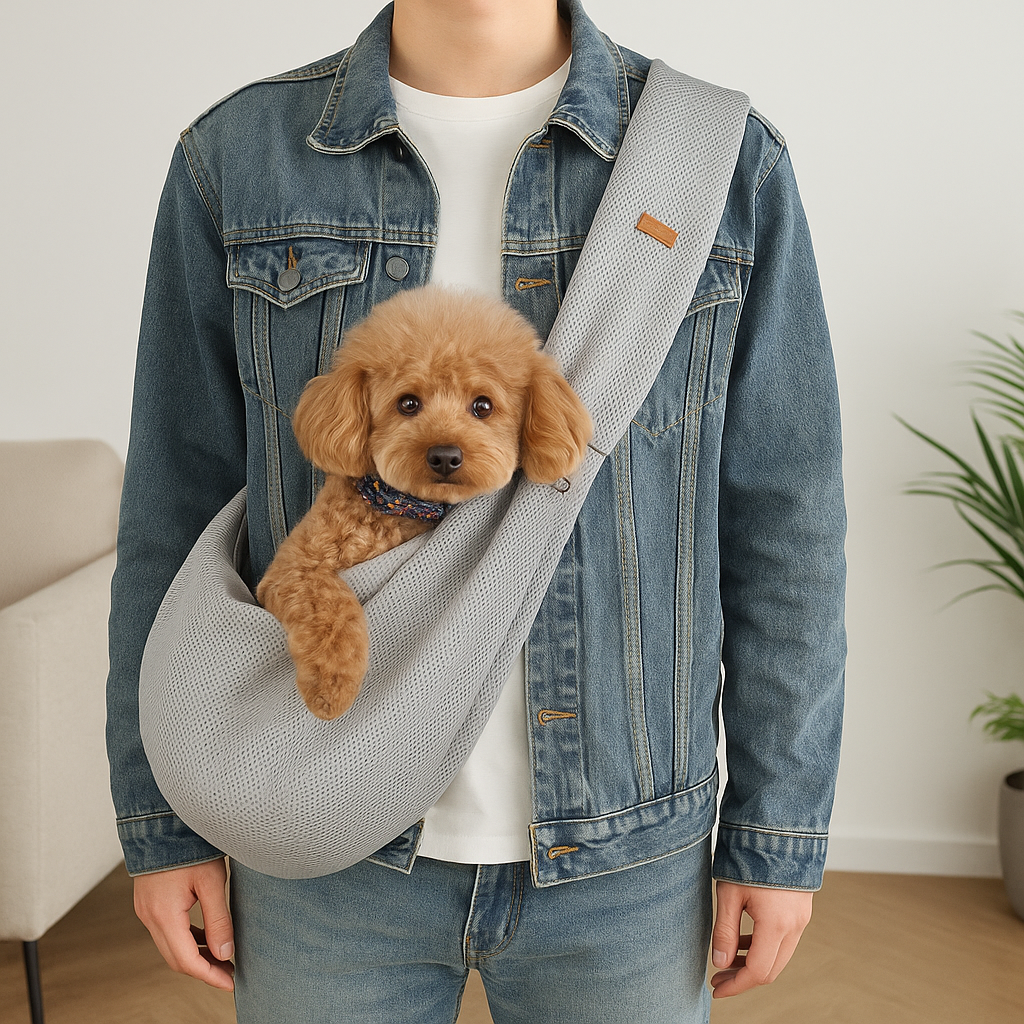 petit chien brun dans un sac à chien en bandoulière gris. C'est tenu par un homme habillé en jean. En fond il y a un canapé gris et une plante verte. Image produit Boutiquechien
