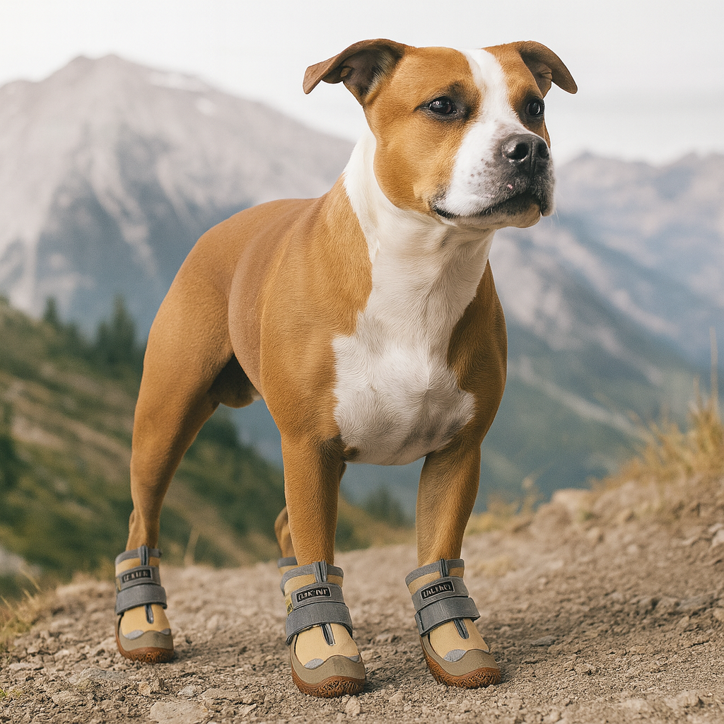 chien de taille moyenne de couleur brun et blanc marchant dans les montagnes avec ses bottes de marches. En fond il y a des montagnes. Image produit Boutiquechien