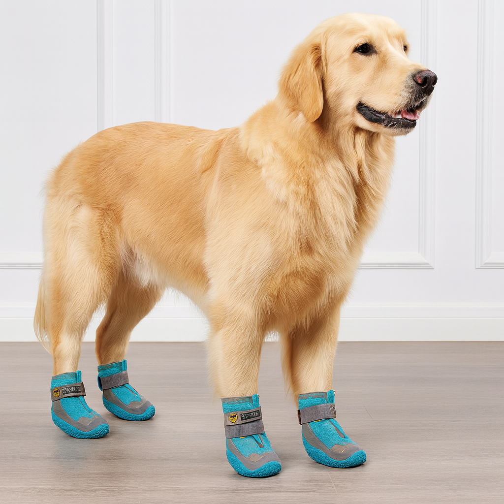 Grand chien de couleur blanc portant des bottes chaussures de couleur bleu et grise sur un parquet gris avec en fond un mur blanc. Image produit Boutiquechien