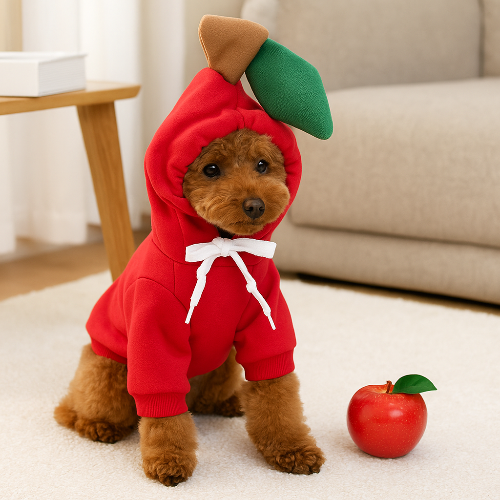 Petit chien de couleur brun portant un déguisement de pomme rouge pour chien de boutiquechien