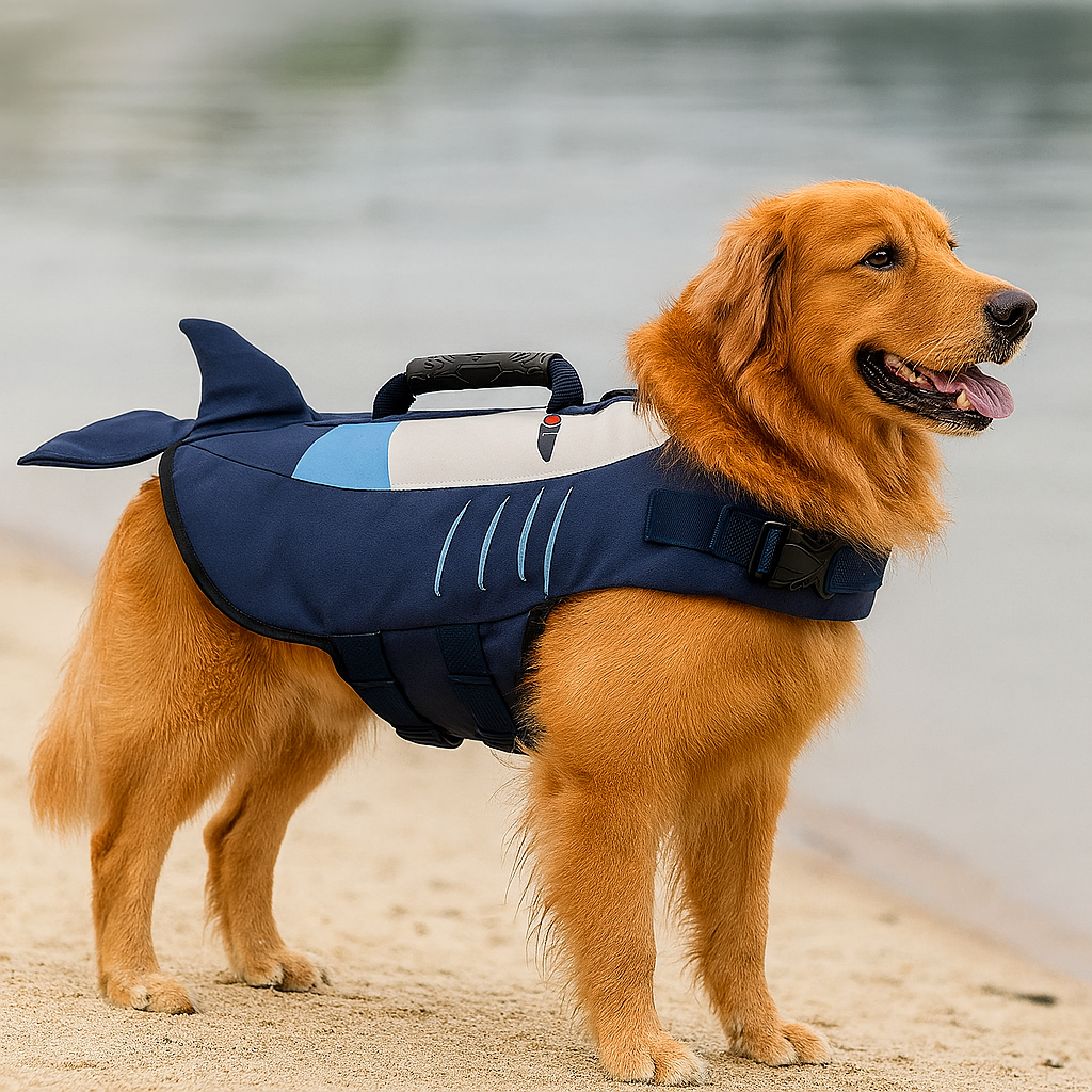 Gros chien de couleur brun portant un gilet de sauvetage pour chien de couleur bleu foncé en forme de requin. Le chien est près de l'eau. Image produit Boutiquechien