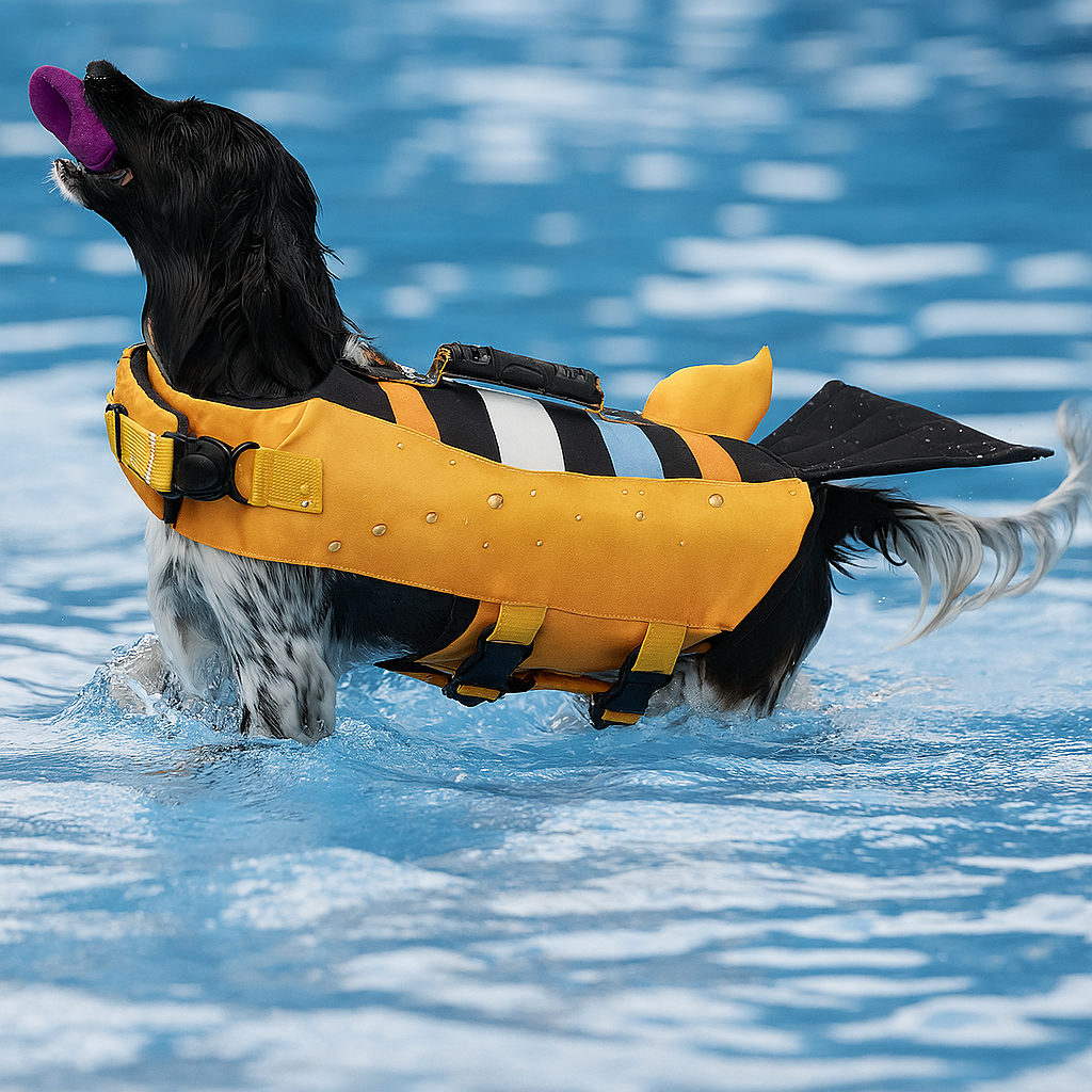 petit chien de couleur noir et blanc jouant dans l'eau claire. Le chien joue avec un jouet violet en portant un harnais de sauvetage jaune et noir de boutiquechien