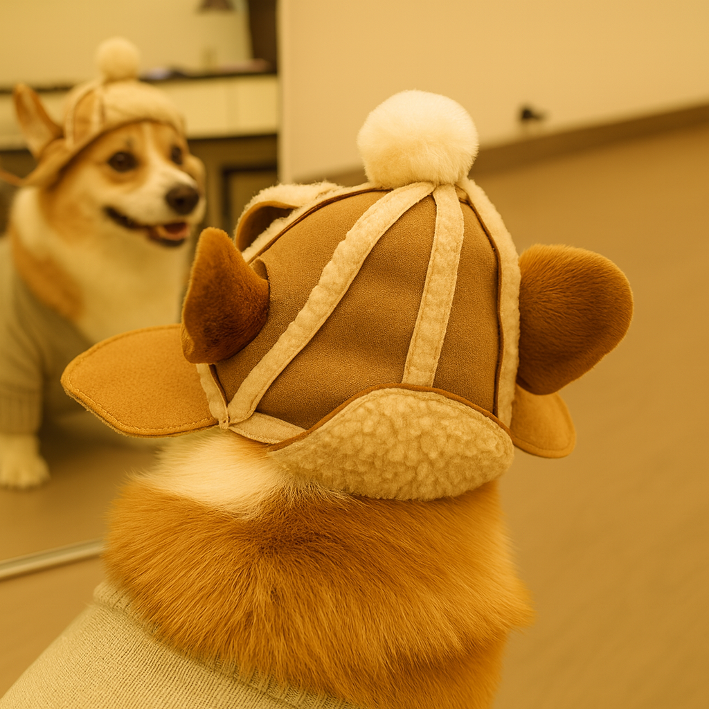 chien portant la casquette d'hiver pour chien de couleur claire. Le chien est assis devant un miroir. Image produit Boutiquechien