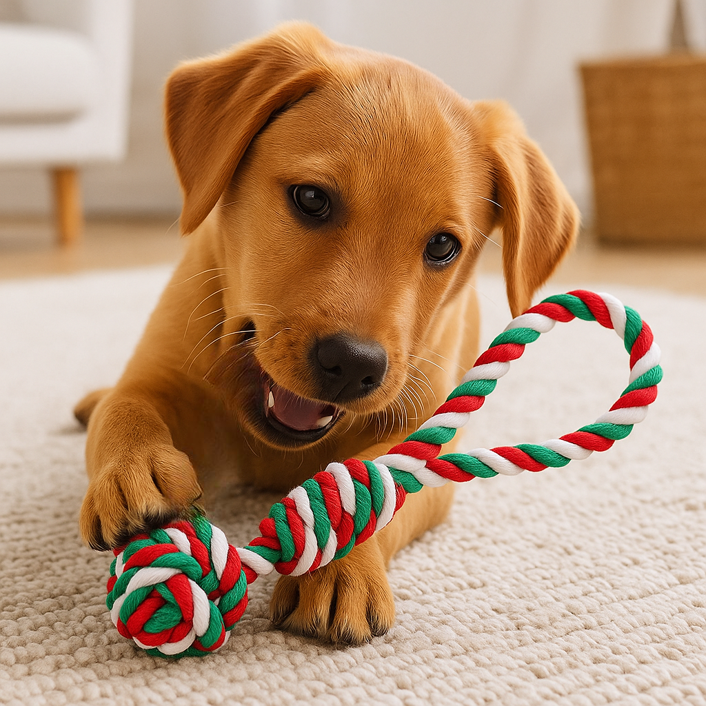 Chien de couleur brun jouant avec son jouet en corde à poigné. en fond il y a un canapé blanc et un panier en osier. Image produit Boutiquechien