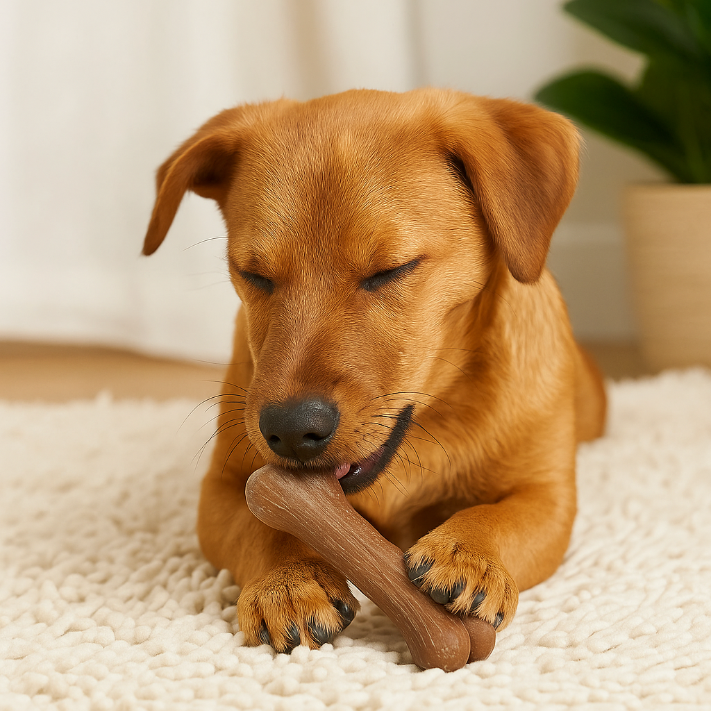Chien de couleur roux mordillant son os de couleur brun. Le chien est couché sur un tapis blanc avec en fond une plante verte. Image produit Boutiquechien
