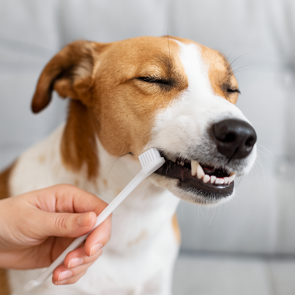 chien de taille moyenne de couleur brun et blanc se faisant brosser les dents par une brosse à dent double de couleur blanche. Image produit Boutiquechien