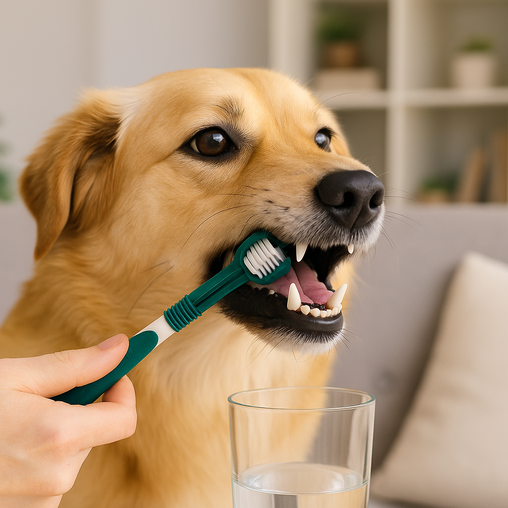 chien de couleur claire se faisant brosser les dents avec une brosse à dent chien de couleur kaki. Le chien est dans un salon de couleur claire avec un canapé gris. Image produit Boutiquechien