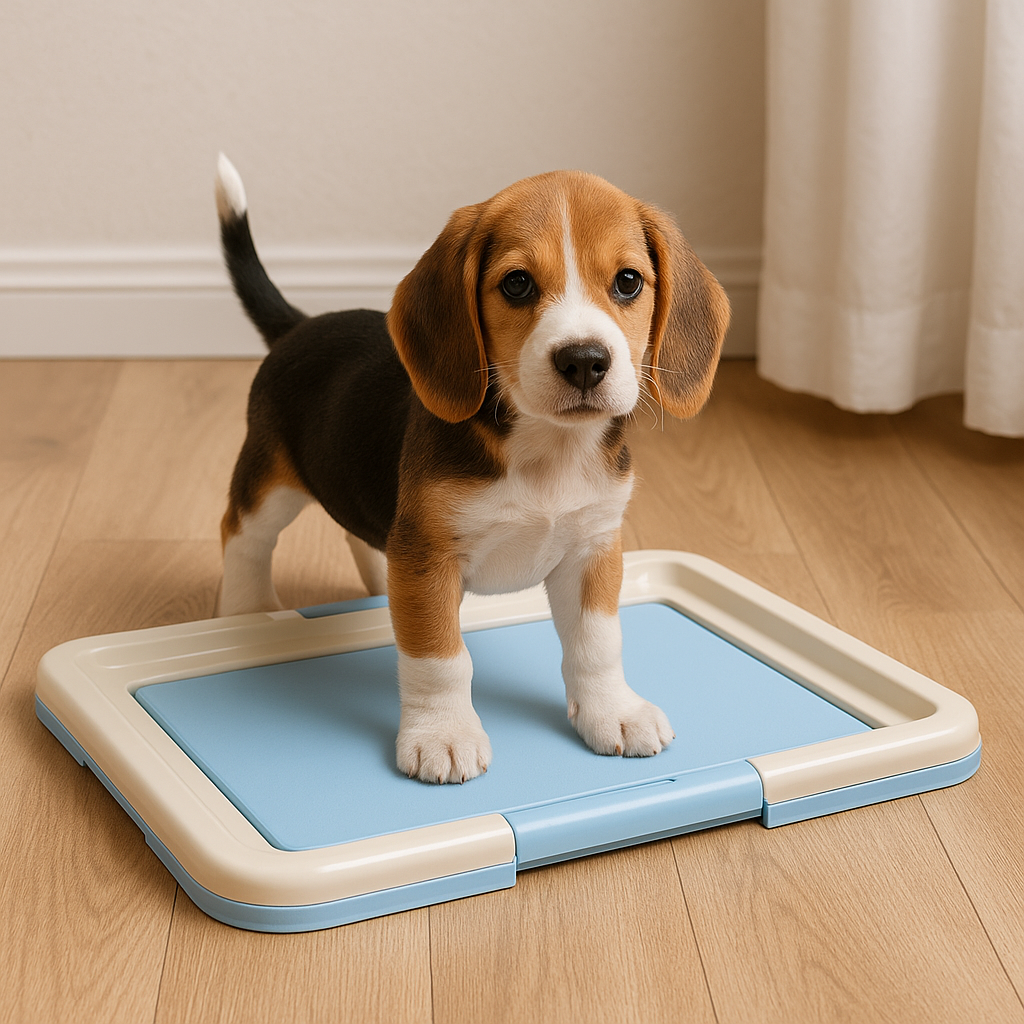 petit chiot brun et blanc allant sur le tapis de propreté bleu et blanc. Le tapis chiennes posé dans une pièce de couleur claire. Image produit Boutiquechien