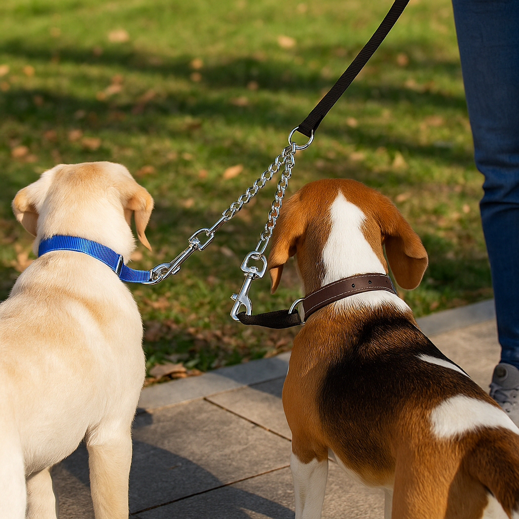 Chien se promenant dans un parc avec l'extension de laisse double. L'extension de laisse est parfaite pour promener votre chien. Image produit Boutiquechien