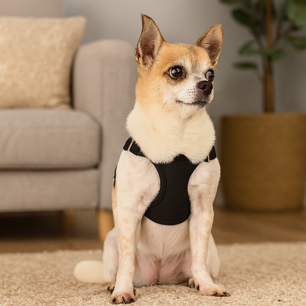 Chihuahua blanc avec tête brun assis sur un tapis claire. En fond il y a un canapé pour chien de couleur gris avec à côté un arbre vert. Image produit Boutiquechien