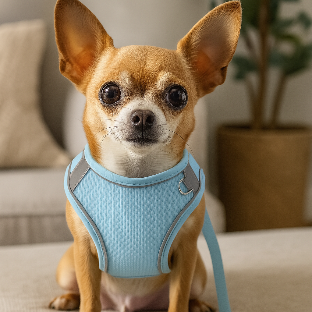 Chihuahua brun et blanc portant un harnais pour chihuahua de couleur bleu et gris. Le harnais possèdent des bandes réfléchissantes avec en fond des canapé beige pour chien. Sur le côté il y a une plante verte dans un pot de fleur en osier. Image produit Boutiquechien