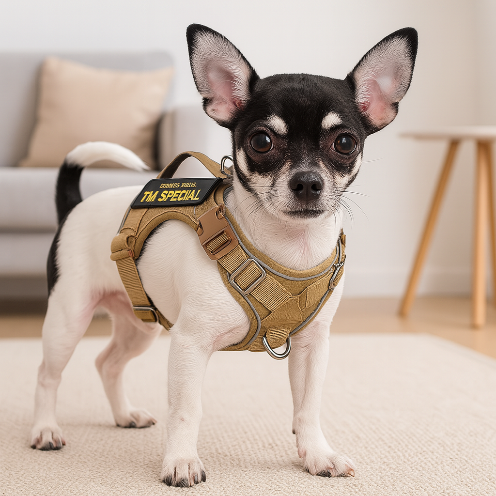 petit chien chihuahua de couleur blanc et noir avec en fond un canapé chien gris. Image produit Boutiquechien