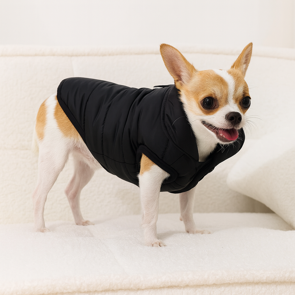 chihuahua de couleur claire portant une veste pour petit chien de couleur noir . Le chien est debout sur un canapé blanc. Image produit Boutiquechien