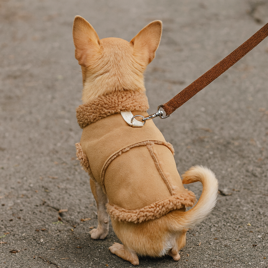 Chihuahua de couleur claire avec un manteau de couleur claire rembourré. Le chihuahua est assis dans la rue et il est tenu par une laisse brune. Image produit Boutiquechien