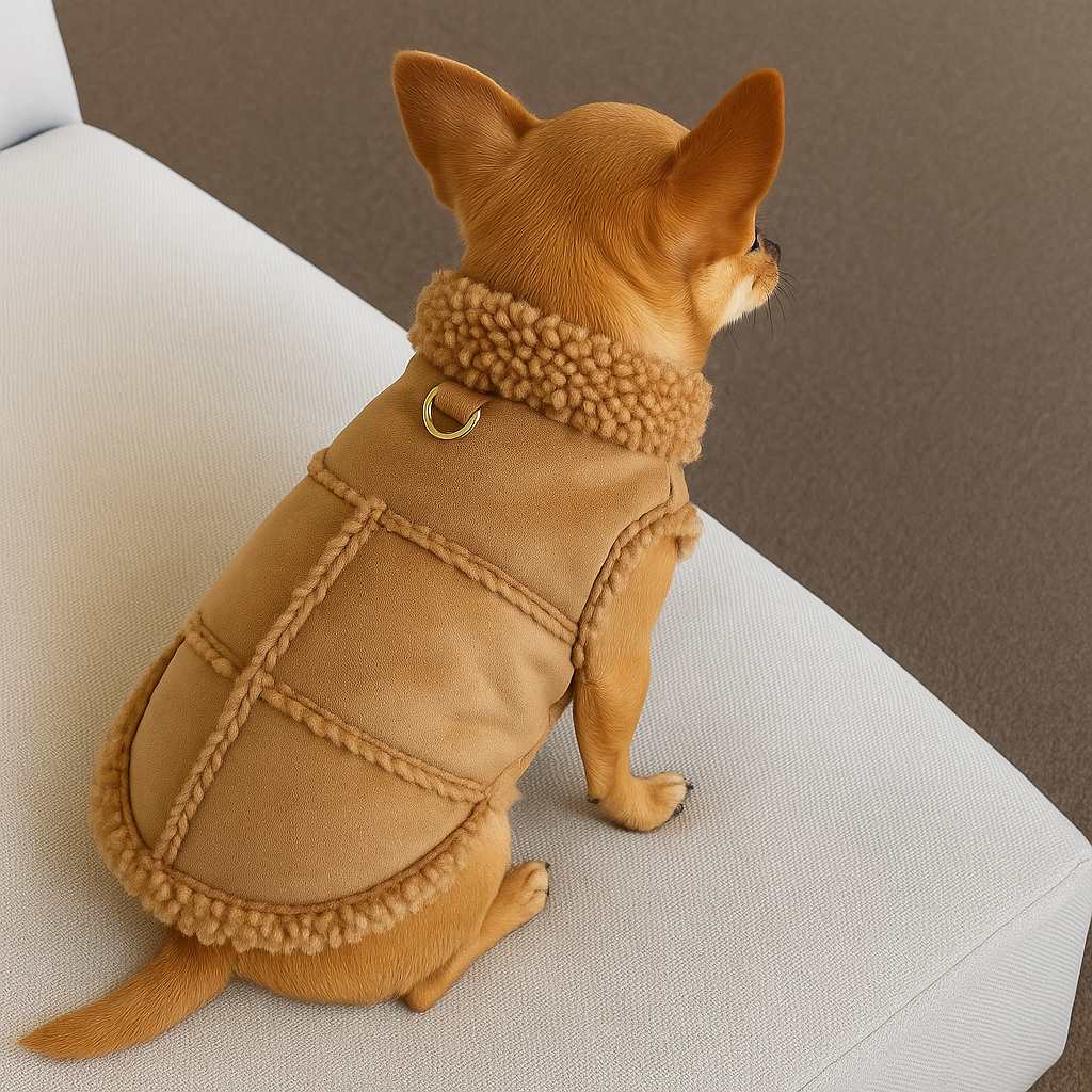 Petit chihuahua de couleur claire portant la veste de couleur claire en étant assis sur un canapé blanc. Image produit Boutiquechien